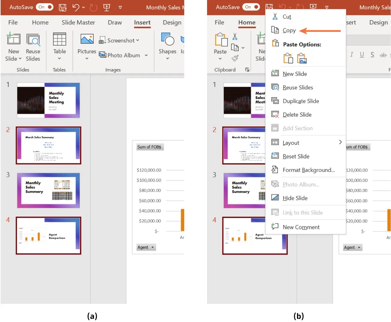 (a) A border is reflected in sidebar for slides 2 and 4. (b) Home tab selected. Shortcut window displays Copy option selected.