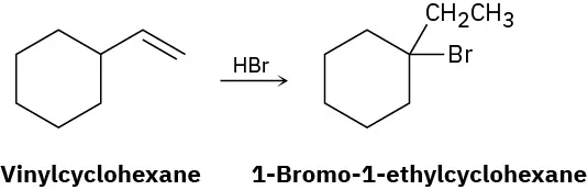 Vinylcyclohexane reacts with hydrogen bromide to form 1-bromo-1-ethylcyclohexane.