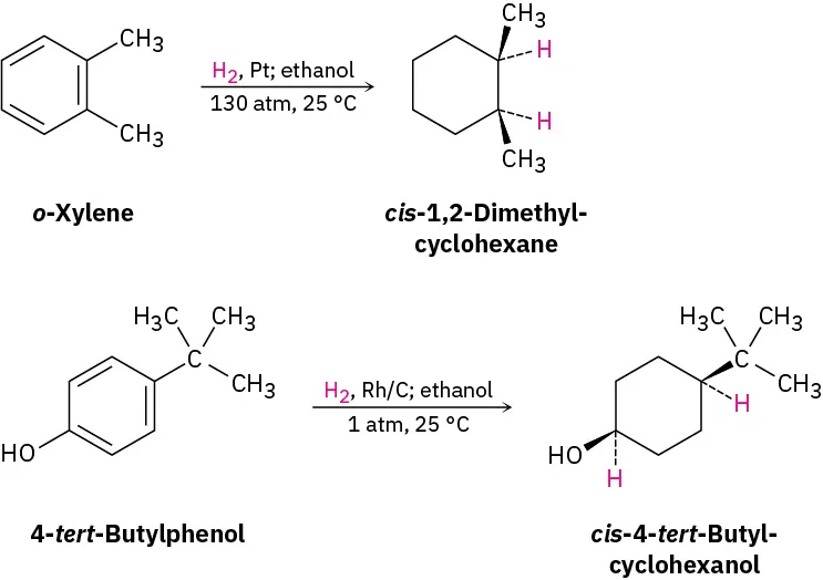 Two reactions show the conversion of ortho-xylene and 4-tertiary-butylphenol to cis-1,2-dimethylcyclohexane and cis-4-tertiary-butylcyclohexanol, respectively.
