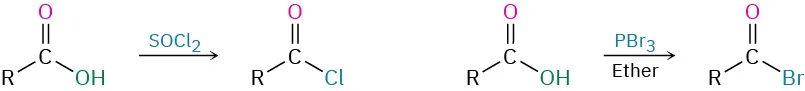 The first reaction shows conversion of a carboxylic acid to an acid chloride using thionyl chloride. The second reaction shows conversion of a carboxylic acid to an acid bromide using phosphorus tribromide in ether.