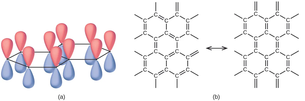 Two images are shown and labeled, “a” and “b.” Image a shows two connected hexagonal rings, with figure-eight-shaped orbitals located at each point of the ring and in a perpendicular position. Image b shows a pair of diagrams, each of which has a series of connected hexagonal rings made up of carbon atoms that are connected by alternating single and double bonds. These two diagrams are connected by a double-headed arrow.