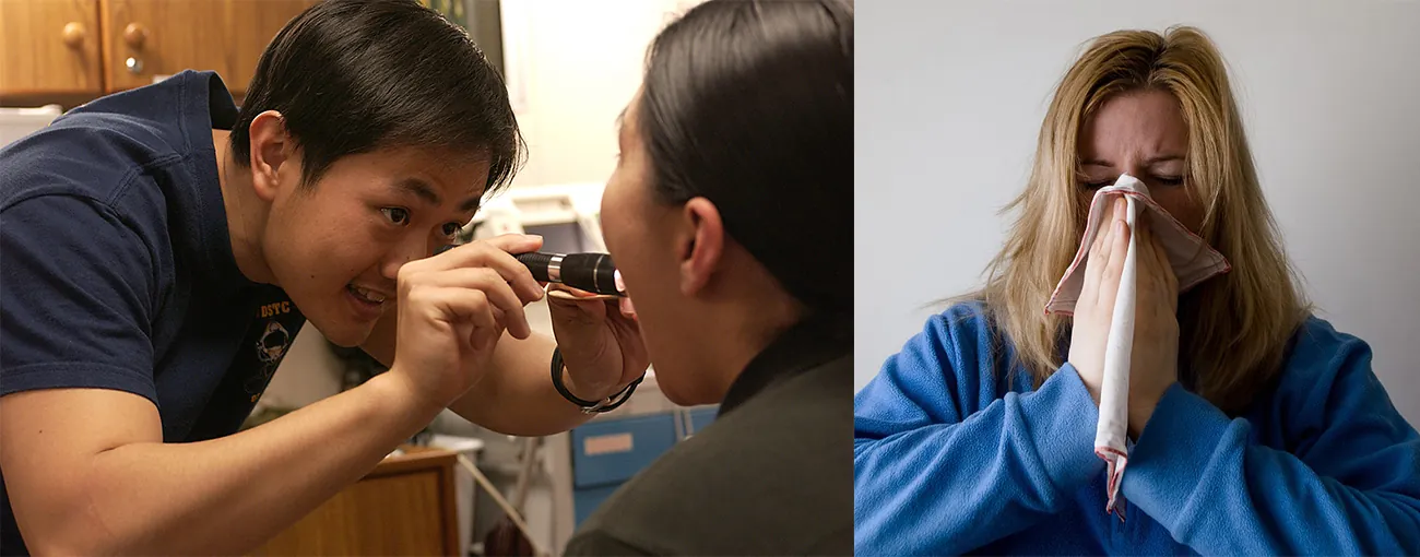 A medical professional looking in a patient’s mouth. A person sneezing.