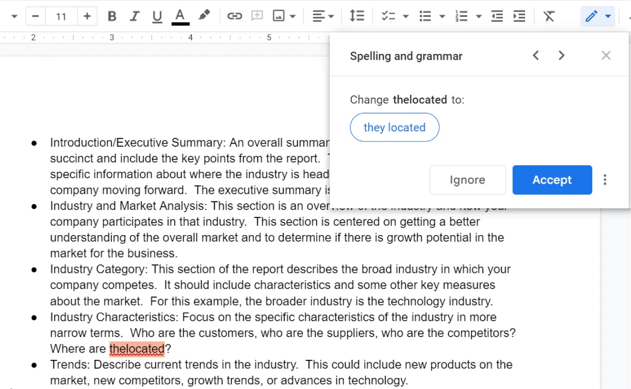 The words “thelocated” are highlighted orange in a document. Editing mode is selected with options for: Spelling and grammar, and Change thelocated to: (a blue bubble displays with they located inside).