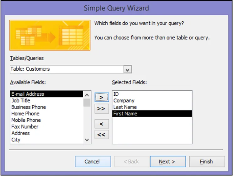 Simple Query Wizard asks: Which fields do you want in your query? Selections include Tables/Queries (Table: Customers), Available Fields (E-mail Address), Selected Fields (First Name). Arrow buttons visible between Fields panes.