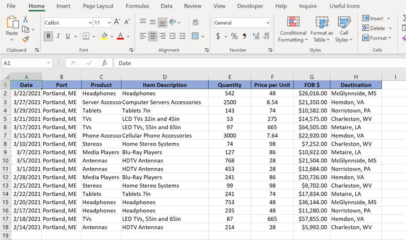 Table displays row 1 in blue backfill and bold black text, centered in the columns. Data populating rest of cells is regular, black font.