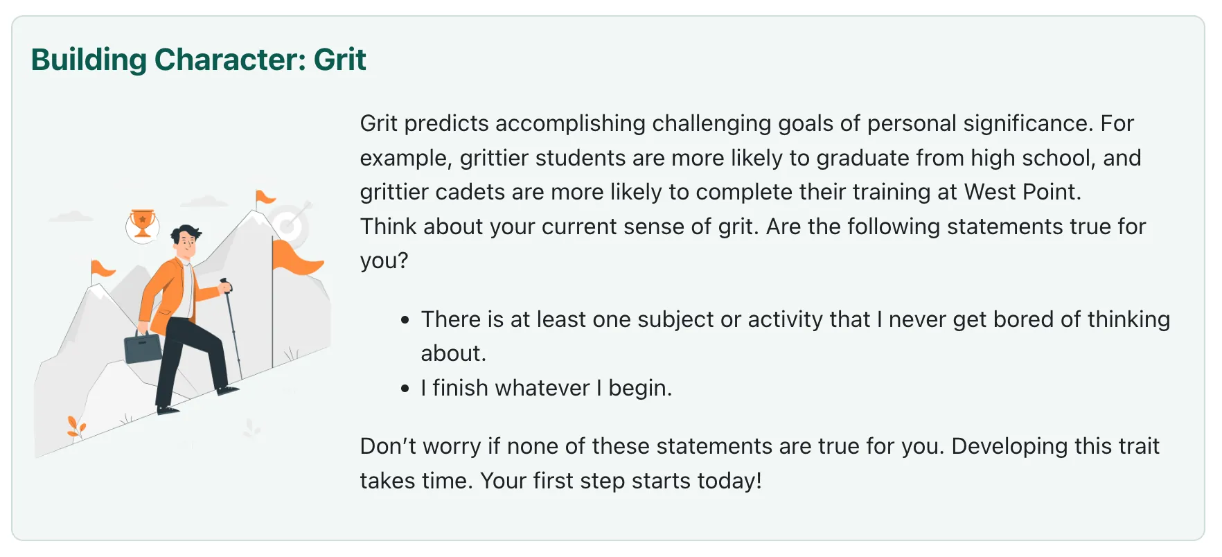 A screenshot from the student curriculum showing one of the embedded Building Character supports. The content focus in this example is about grit and displays an image of a student climbing a mountain.