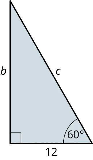A right triangle. The legs are marked 6 and 12. The hypotenuse is marked c. The angle formed by the horizontal leg and hypotenuse is marked 60 degrees.
