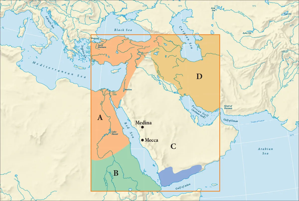 A map of southern Europe, northern Africa, and southwestern Asia is shown. The Adriatic Sea, Mediterranean Sea, the Aegean Sea, the Black Sea, the Caspian Sea, the Red Sea, the Gulf of Aden, the Persian Gulf (Arabian Gulf), the Gulf of Oman, and the Arabian Sea are labeled. The tropic of Cancer is also labeled on the lines of latitude in the northern Arabian Sea. An almost triangular area of Egypt is highlighted orange and labeled “A” along with a strip of coastal land heading northeast from Egypt and encompassing all of Turkey. Below the orange there is a squarish tract of lang along the southern Red Sea heading inland highlighted green and labeled “B.” Across the Red Sea on the southeastern and southern coastline there is a square area of land highlighted purple and labeled “C.” The city of Mecca is labeled in the northwestern portion of this purple area and the city of Medina is labeled just northwest of this highlighted area. An area from the Persian Gulf (Arabian Gulf) in the south heading up to the Caspian Sea in the north and almost to the Black Sea in the west is highlighted yellow and labeled “D.” An orange box is drawn around these highlighted areas.