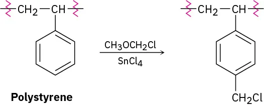 A polystyrene resin reacts with chloro(methoxy)methane and tin (IV) chloride to form  a polystyrene linked benzyl chloride resin for use in Merrifield solid-phase peptide synthesis.