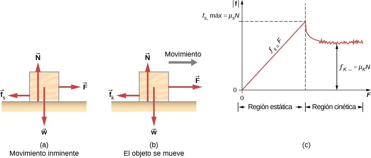 (a) La figura muestra un bloque sobre una superficie horizontal. La situación es de movimiento inminente. Se muestran las siguientes fuerzas: N verticalmente hacia arriba, w verticalmente hacia abajo, F hacia la derecha, f sub s hacia la izquierda. Los vectores N y w tienen el mismo tamaño. Los vectores F y f sub s tienen el mismo tamaño. (b) La figura muestra un bloque sobre una superficie horizontal. El movimiento es hacia la derecha. La situación es la de una fricción que se comporta de forma sencilla. Se muestran las siguientes fuerzas: N verticalmente hacia arriba, w verticalmente hacia abajo, F hacia la derecha, f sub k hacia la izquierda. Los vectores N y w tienen el mismo tamaño. Los vectores F son mayores que f sub s. (c) Se muestra un gráfico de la magnitud de la fuerza de fricción f en función de la fuerza aplicada F. En el intervalo que va de 0 a cuando la magnitud de f es igual a f sub s máx., la gráfica es una línea recta descrita por f sub s igual a F. Esta es la región estática, y f sub s máx. es igual a mu sub s por N. Para valores de F mayores que este valor máximo de f, el gráfico cae un poco y luego se aplana hasta un valor medio algo ruidoso pero constante. Esta es la región cinética en la que la magnitud de f es f sub k que también es igual a mu sub k por N.