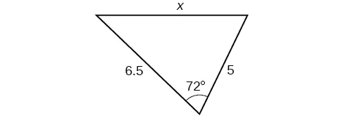 Un triángulo. Un ángulo es de 72 grados, con el lado opuesto = x. Los otros dos lados son 5 y 6,5.
