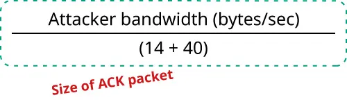 A formula showing “Attacker bandwidth (bytes/sec)” divided by the sum of 14 (Ethernet) and 40 (TCP/IP), representing the size of an ACK packet.