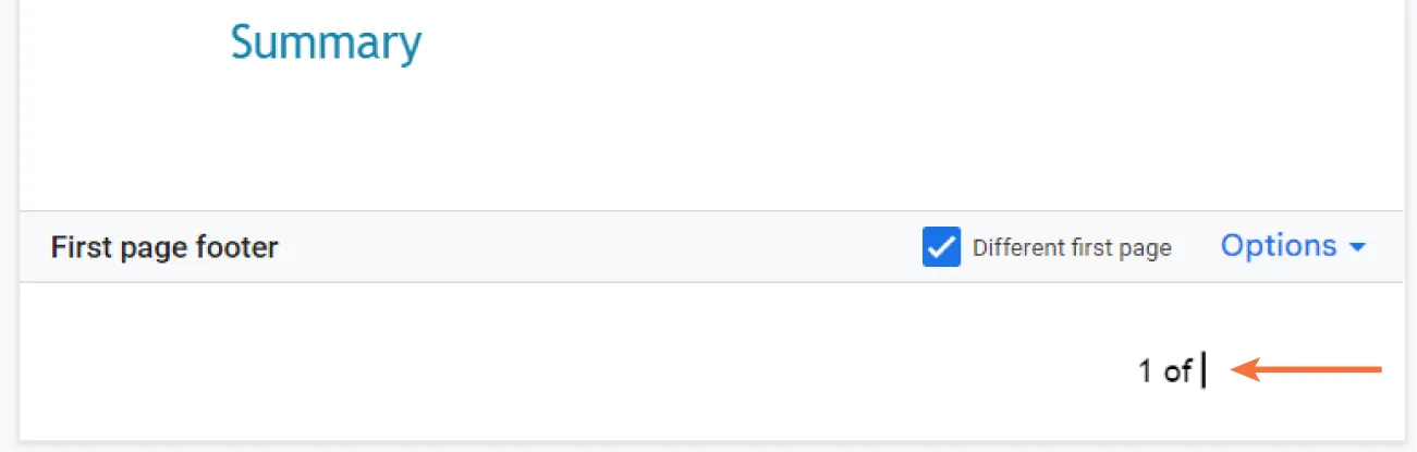 Along the bottom of a Google Docs page is a page count feature: 1 of (cursor that is blank).