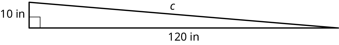 A right triangle with its legs marked 10 inches and 120 inches. The hypotenuse is marked c.