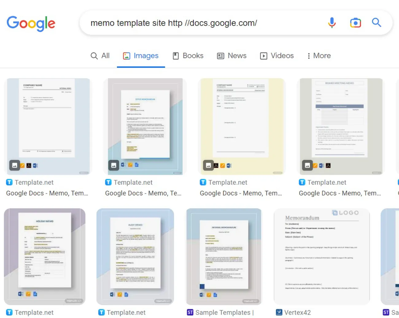 A Google window with memo template site http //docs.google.com/ in the Search Bar offers various thumbnail images and descriptions of templates in the Images tab for selection.