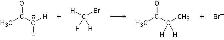 Acetone with a carbanion on C 1 reacts with methyl bromide to form 2-butanone and a bromide ion.