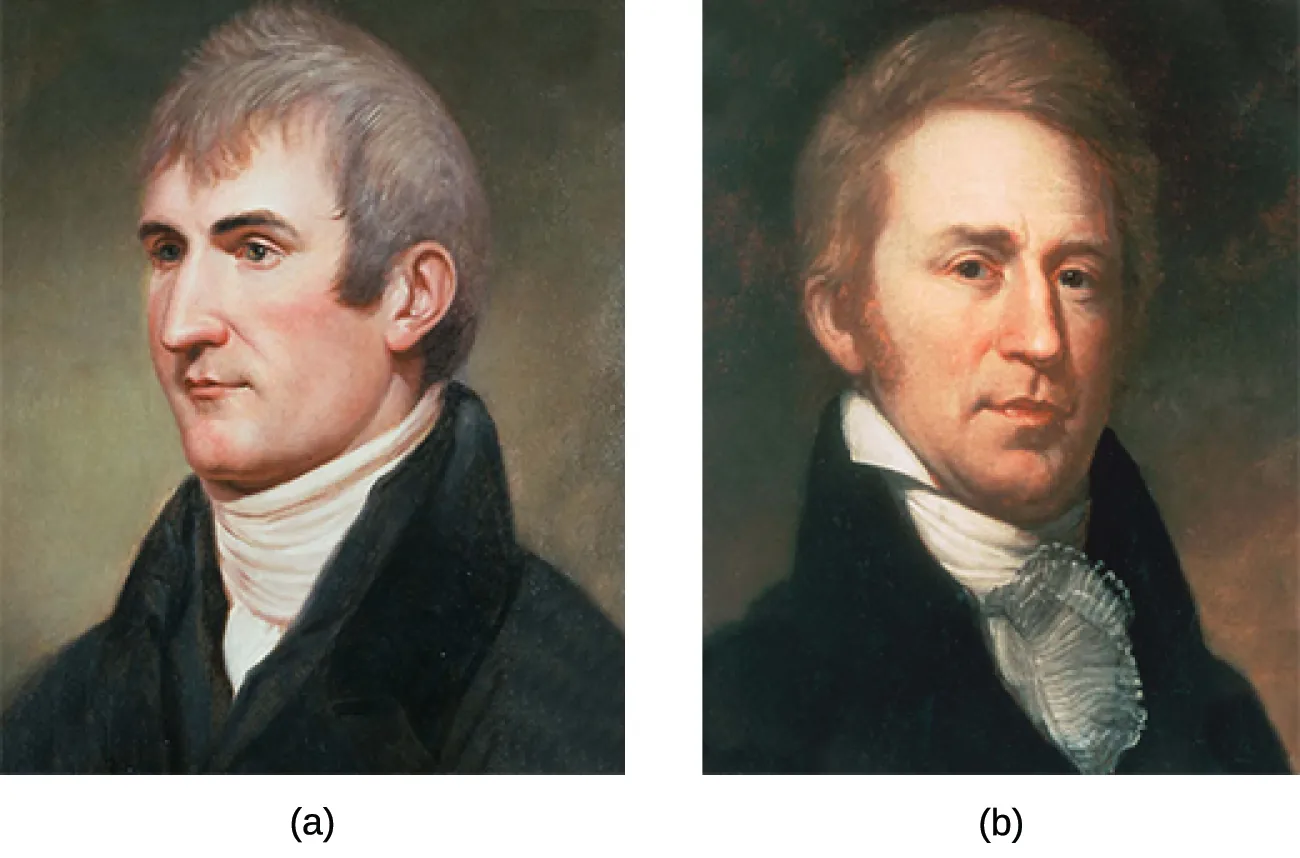 Two paintings depict Meriwether Lewis (a) and William Clark (b).