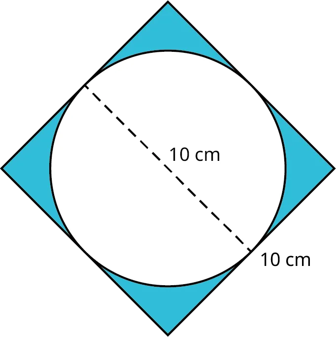 A square is circumscribed about a circle. The diameter of the circle is marked 10 centimeters. Each side of the square measures 10 centimeters. The region outside the circle is shaded.