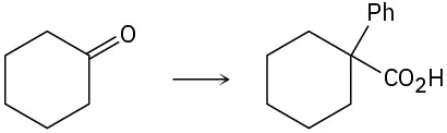 Cyclohexanone separated from 1-phenylcyclohexanecarboxylic acid by a reaction arrow. 1-phenylcyclohexanecarboxylic acid has a cyclohexane ring single bonded to a phenyl group and a carboxyl group at C 1.