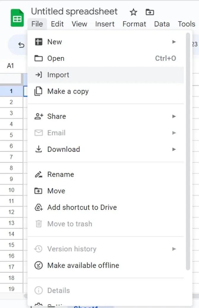 Sheets File tab selects Import from options listed.