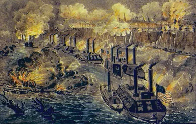An illustration depicts a long line of Union gun boats firing on Vicksburg from the Mississippi River.