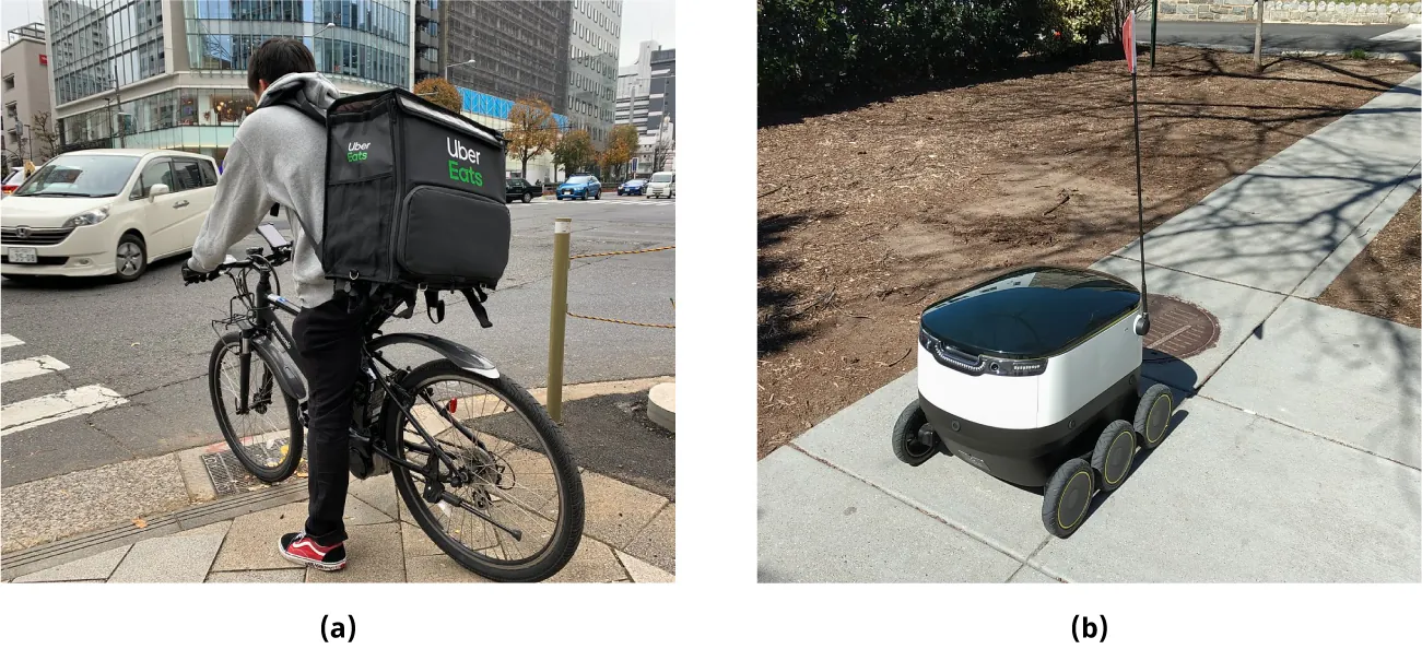 (a) A person on a bicycle wears a large backpack with “Uber Eats” on the back (b) A six wheeled, small, oval robotic vehicle with flag attached is on a sidewalk.