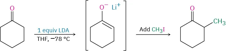 The reaction of cyclohexanone with one equivalent of L D A at minus seventy-eight degrees Celsius forms cyclohexanone enolate intermediate. The addition of methyl iodide gives 2-methylcyclohexanone.