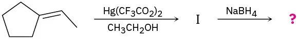 Ethylidenecyclopentane reacts with mercury(II) trifluoroacetate and ethanol to create an intermediate (I), followed by reaction with sodium borohydride to form an unknown product(s), depicted with a question mark.