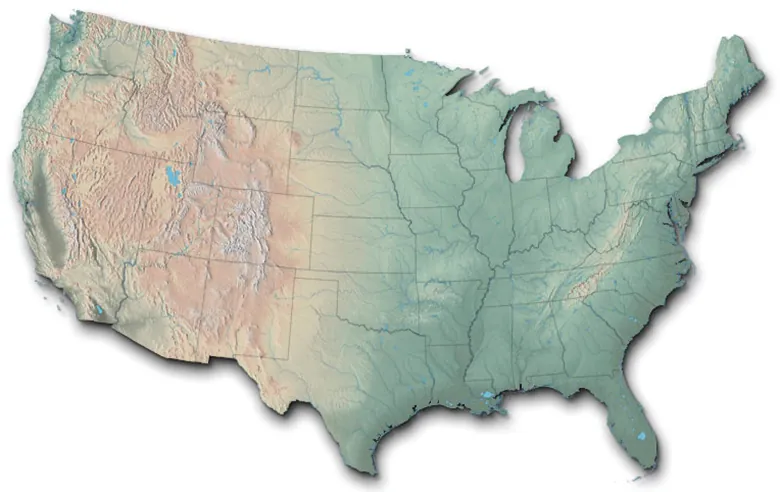 A map of the 48 contiguous states of the United States shows the physical surface shape and features of the land.