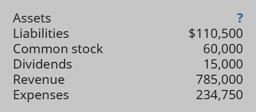 Assets ?; Liabilities $110,500; Common stock 60,000; Dividends 15,000; Revenue 785,000; Expenses 234,750.