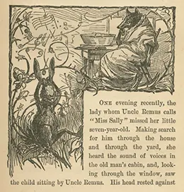An illustration from Uncle Remus, His Songs and His Sayings: The Folk-Lore of the Old Plantation depicts the characters Brer Rabbit, who is playing in the woods, and Brer Wolf, who is seated at a table.