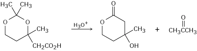 The reaction shows acid hydrolysis of 2-(2, 2, 4-trimethyl-1,3-dioxan-4-yl)acetic acid giving products in which the sixth carbon of a 3-hydroxy-3-methyl cyclohexanone ring is replaced by oxygen and a propan-2-one.