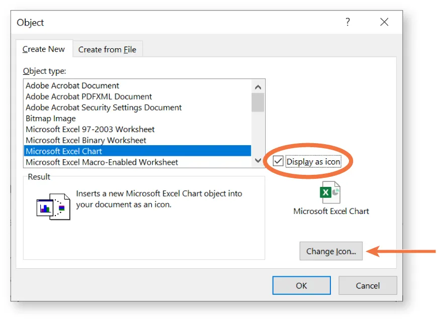 Create New tab selected in Object window. Object type selected displays Microsoft Excel Chart. Display as icon button selected and highlighted. Change icon button highlighted and visible at bottom right.