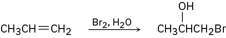 A reaction shows propene reacting with molecular bromine in the presence of water to form bromo-2-propanol.