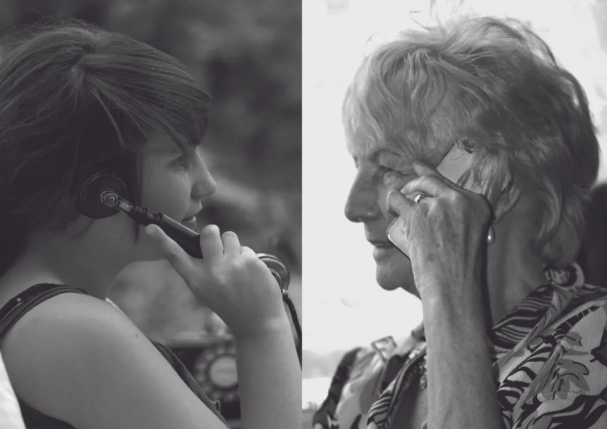 Photographs of younger woman and older woman speaking on telephones