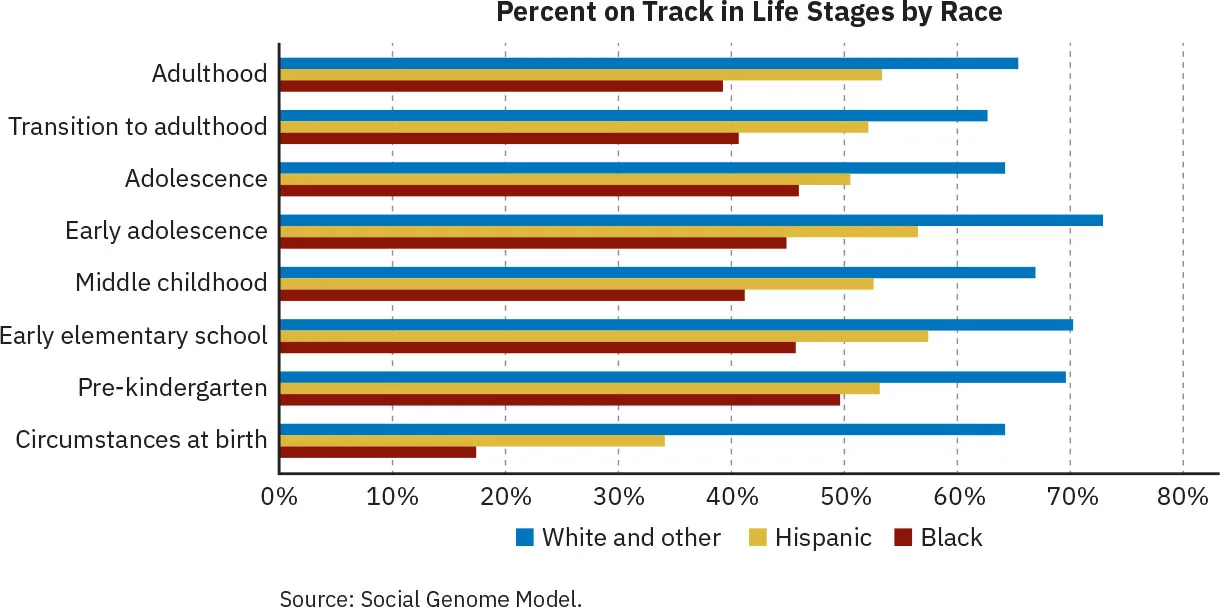 Percent on Track in Life Stages by Race (White and other, Hispanic, Black) graph. Items measured: Adulthood, Transition to adulthood, Adolescence, Early Adolescence, Middle childhood, Early elementary school, Pre-kindergarten, Circumstances at birth.
