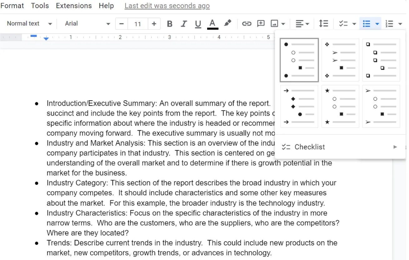 Bulleted list is selected. The pane displays six options for lists with varieties of shapes (black circles, blank circles, black squares, blank squares, stars, arrows, and circle diamonds) as the bulleted points.