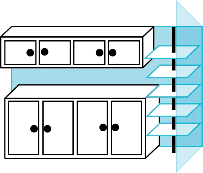 An illustration shows a transparent glass wall, five shelves, and cabinets.
