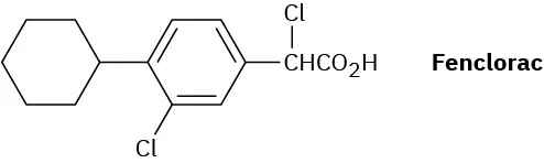 The structure of Fenclorac. A phenylcyclohexane ring is depicted with a chlorine atom bonded to the third carbon of the benzene. 2-chloroacetic acid occupies the first carbon of the benzene.