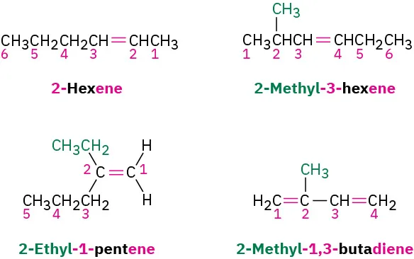The structures of 2-hexene, 2-methyl-3-hexene, 2-ethyl-1-pentene, and 2-methyl-1 3-butadiene. The carbon atoms are numbered in all structures.