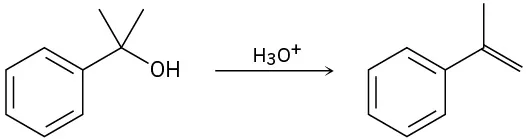 Methanol with two methyl and one phenyl substituents reacts with hydronium to form 1-methyl-1-phenylethene