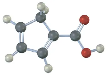 The ball-and-stick model represents a cyclopentadiene ring with a carboxylic acid group attached to C 1. The double bonds are located on the first and third carbon atoms.