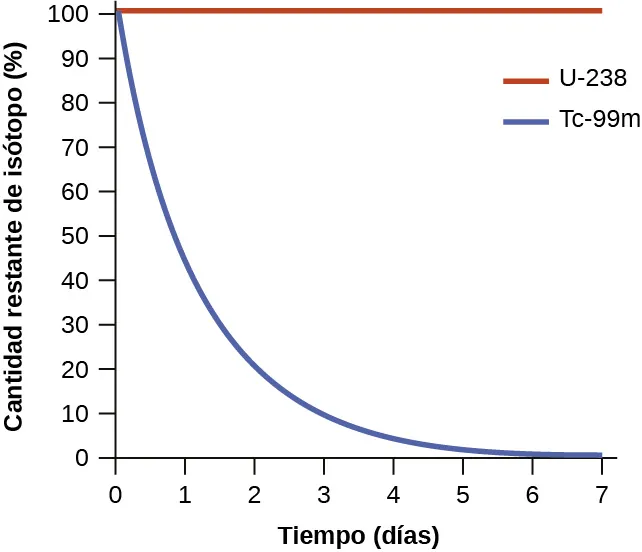 Se muestra un gráfico de dos líneas en el que el eje y está marcado como "cantidad de isótopo restante (signo de porcentaje)" y tiene valores de cero hasta cien, en incrementos de diez, escritos a lo largo del eje. El eje x está marcado como "tiempo (días)" y tiene valores de cero hasta siete, en incrementos de uno, escritos a lo largo del eje. El primer gráfico, dibujado con una línea azul, comienza en el valor superior izquierdo de cien en el eje y y cero en el eje x y cae abruptamente durante los primeros tres minutos, luego la línea graficada se vuelve casi horizontal hasta llegar a siete minutos en el eje x. El segundo gráfico, dibujado en rojo, comienza en el mismo punto que el primero, pero se mantiene perfectamente horizontal sin ningún cambio a lo largo del eje Y. Una leyenda marca la línea roja como "U dash 238" y la línea azul como,