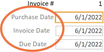 Labels for three text boxes are Purchase Date, Invoice Date, and Due Date. Dates fill the text boxes to the right of the labels.