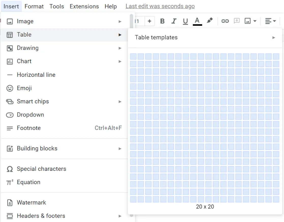 Insert opens to a Table option which opens to Table templates as well as a grid option to select a table up to 20 x 20 cells.