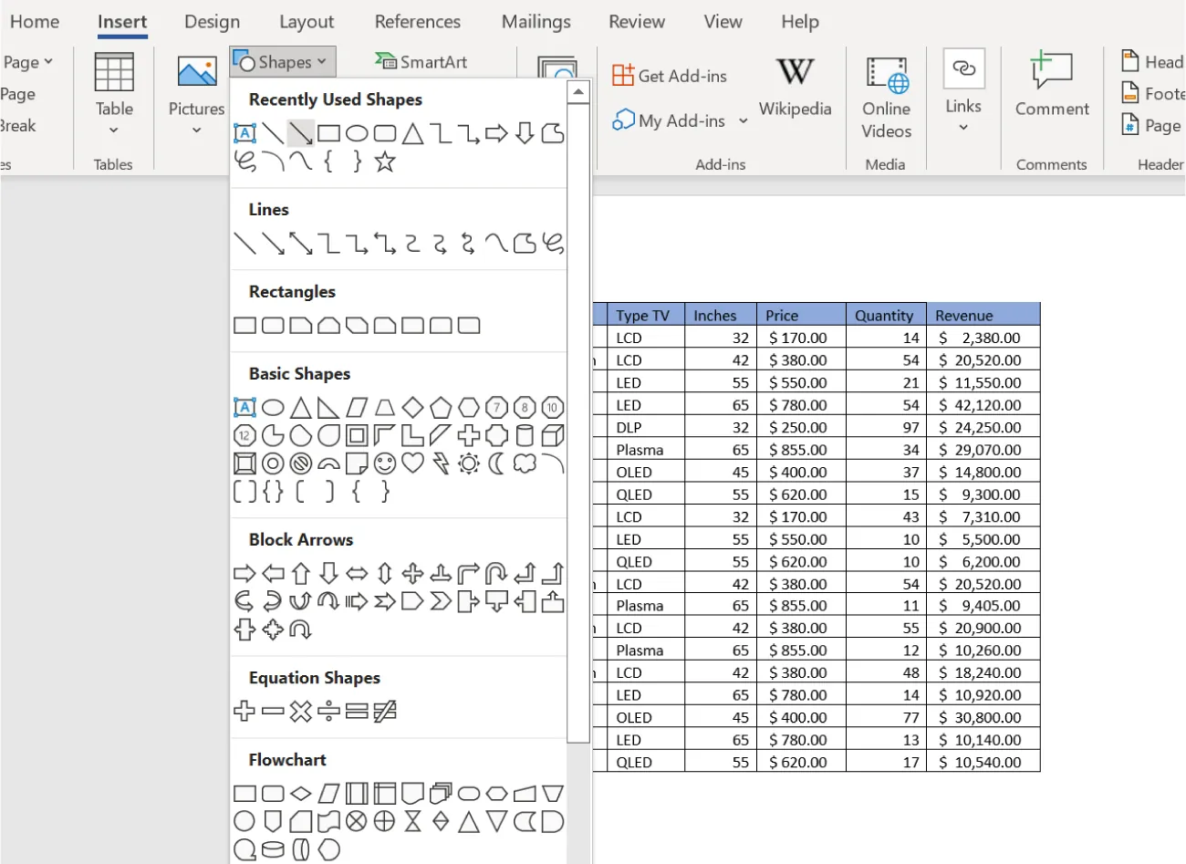 Shapes is selected from Illustration command group in Insert tab. Categories of various shapes for selection are visible: Recently Used Shapes, Lines, Rectangles, Basic Shapes, Block Arrows, Equation Shapes, and Flowchart.