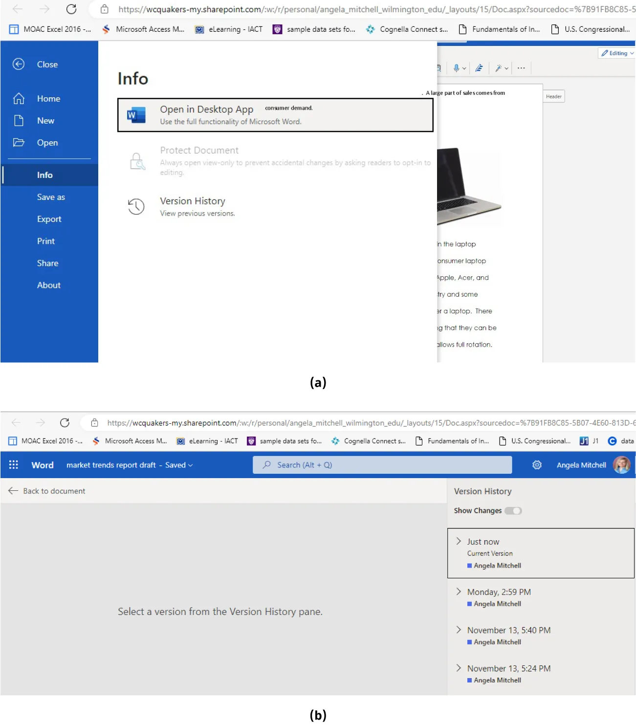 (a) Info window selects: Open in Desktop App. (b) A blank screen displays: Select a version from the Version History pane. Version History pane highlights a Just now/Current version.