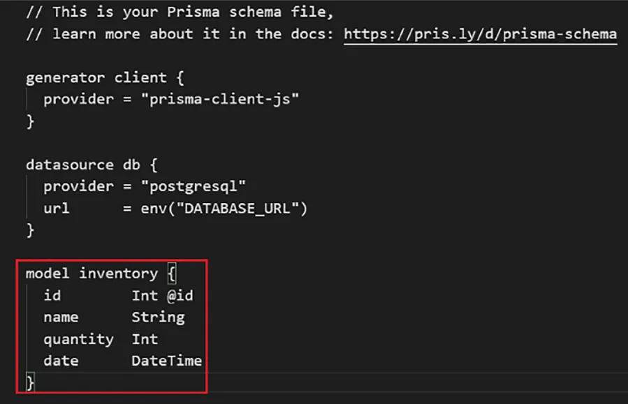 A screenshot shows the data model for the inventory table.