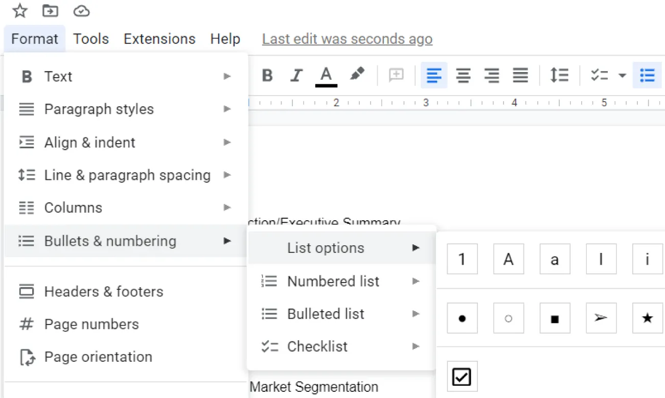 Format tab opens to Bullets & numbering, which opens to List options, which offers options for 1, A, a, I, i, dark circle, white circle, dark square, arrow, star, and checkmark.