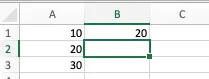 A screenshot of an Excel spreadsheet showing columns A, B, and C and rows 1, 2 and 3. Cell A1 is 10, cell A2 is 20 , and cell A3 is 30. Cell B2 is 20, which shows the result of using the formula =AVERAGE(A1, A2, A3).
